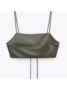 Zara khaki olive green linen blend boho festival open back strappy crop top NWT